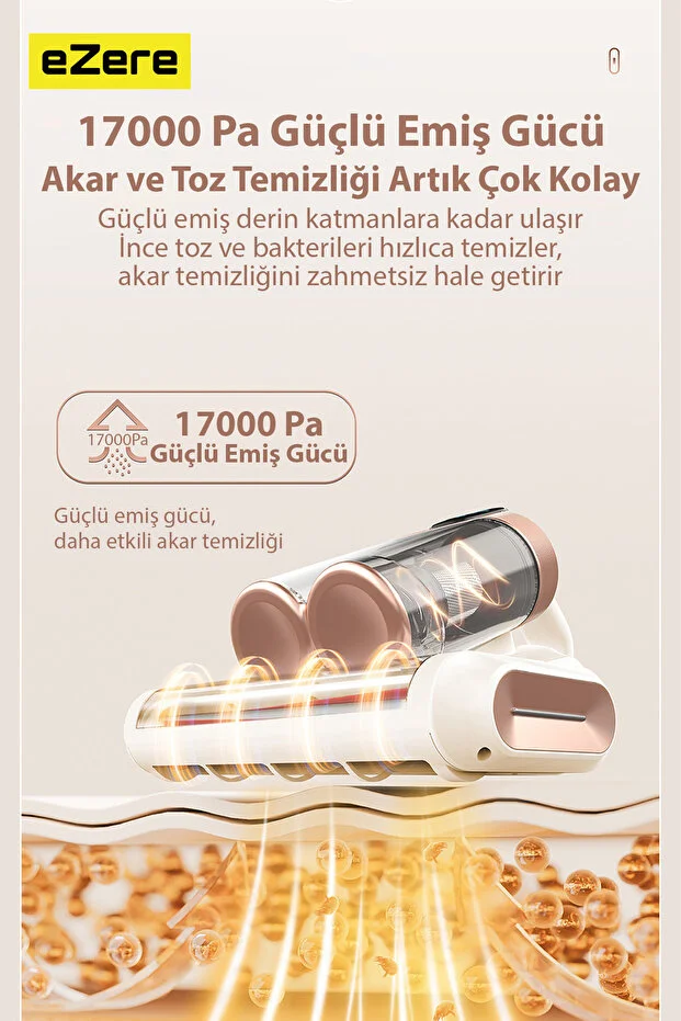 DustAway 17000Pa Güçlü Kablosuz Akar ve Toz UV Işıklı Yatak ve Koltuk Temizleyici